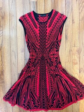 RVN Red & Black Patterned Geometric Stretchy Fit-and-Flare Dress